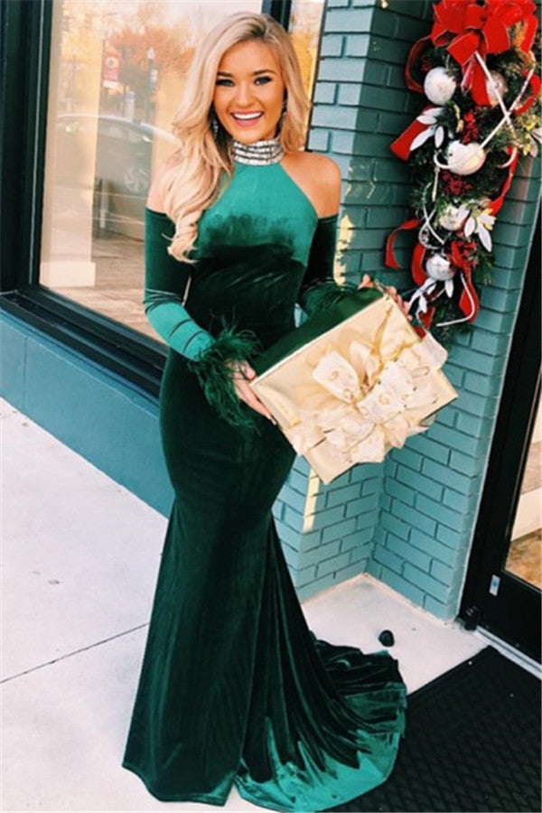 Long Mermaid High Neck Velvet Mermaid Formal Evening Dress with Sleeves