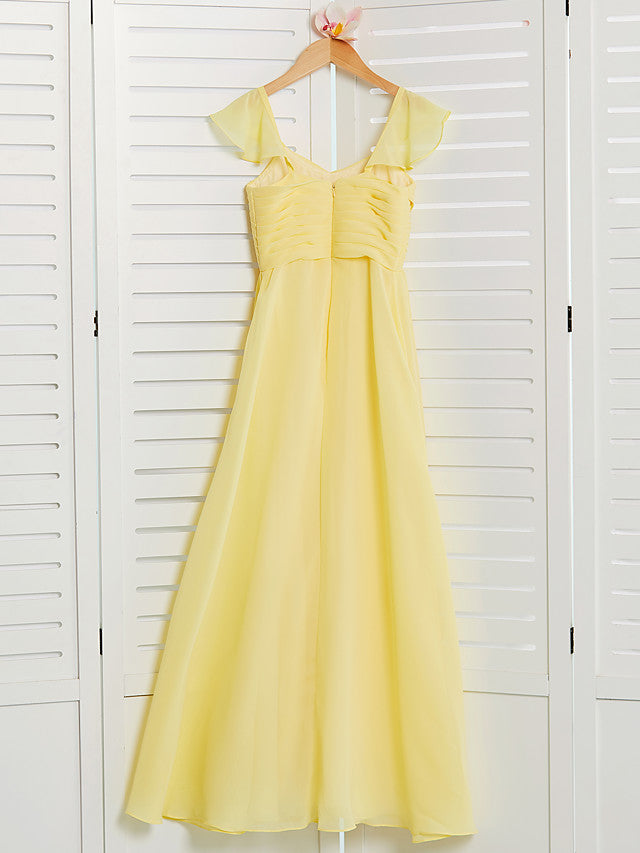 Long A-Line Square Neck Floor Length Chiffon Junior Bridesmaid Dress With Ruffles
