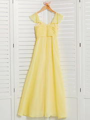 Long A-Line Square Neck Floor Length Chiffon Junior Bridesmaid Dress With Ruffles