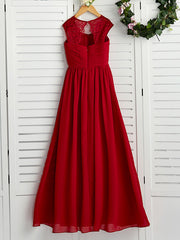 Red Long A-line Chiffon Floor Length Junior Bridesmaid Dress with Lace