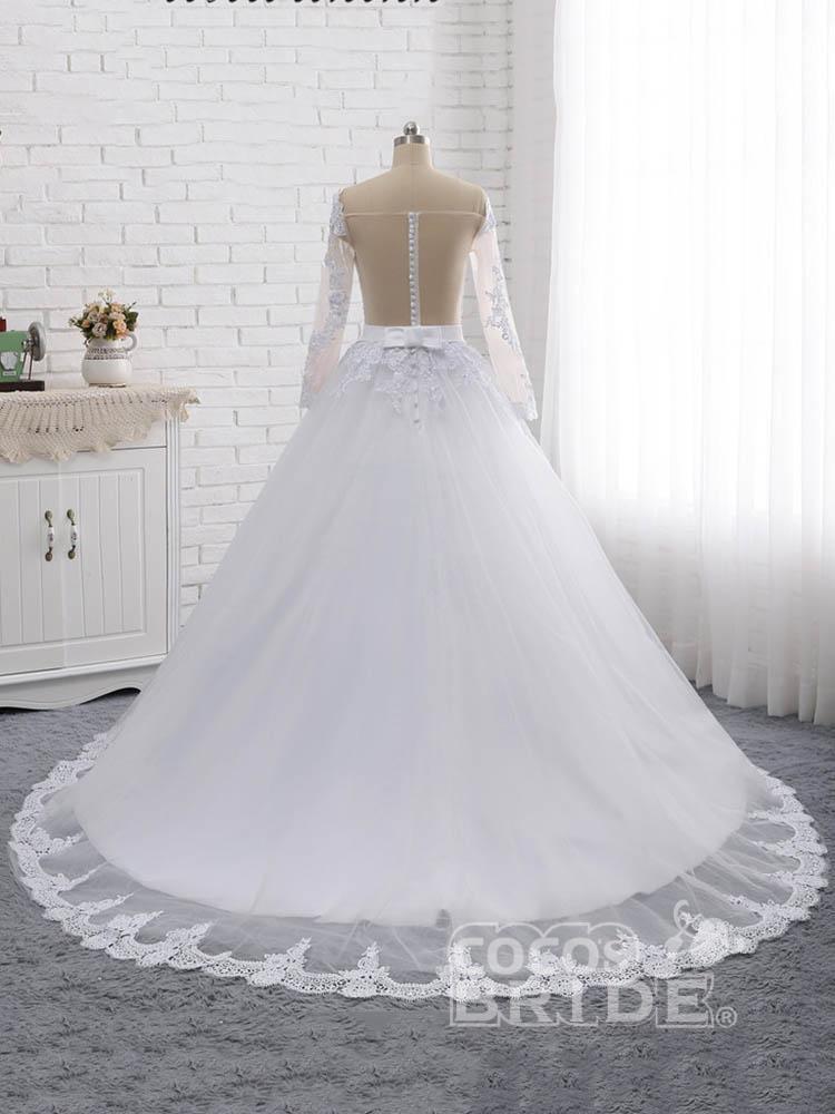 Elegant Long Sleeves Lace Covered Button Ball Gown Wedding Dresses