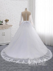 Elegant Long Sleeves Lace Covered Button Ball Gown Wedding Dresses