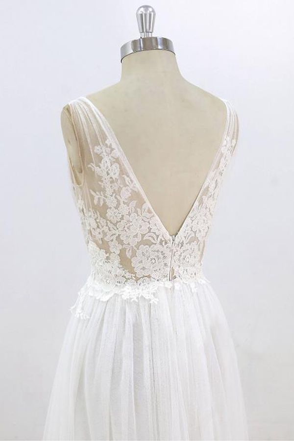 Long Deep V-neck Lace A-line Tulle Wedding Dress