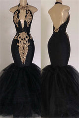 Black Long Mermaid Halter Satin Tulle Open Back Prom Dress