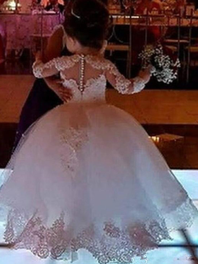 Long Ball Gown Tulle Lace Jewel Neck Floer Girl Dresses with Sleeve