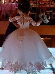 Long Ball Gown Tulle Lace Jewel Neck Floer Girl Dresses with Sleeve