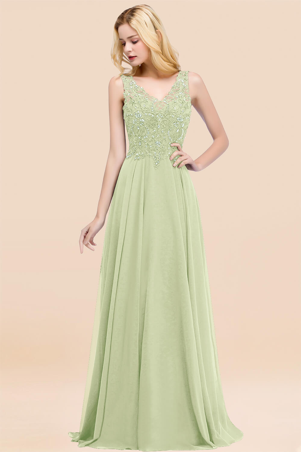 A-line Chiffon Appliques V-neck Sleeveless Floor Length Bridesmaid Dresses with Crystals
