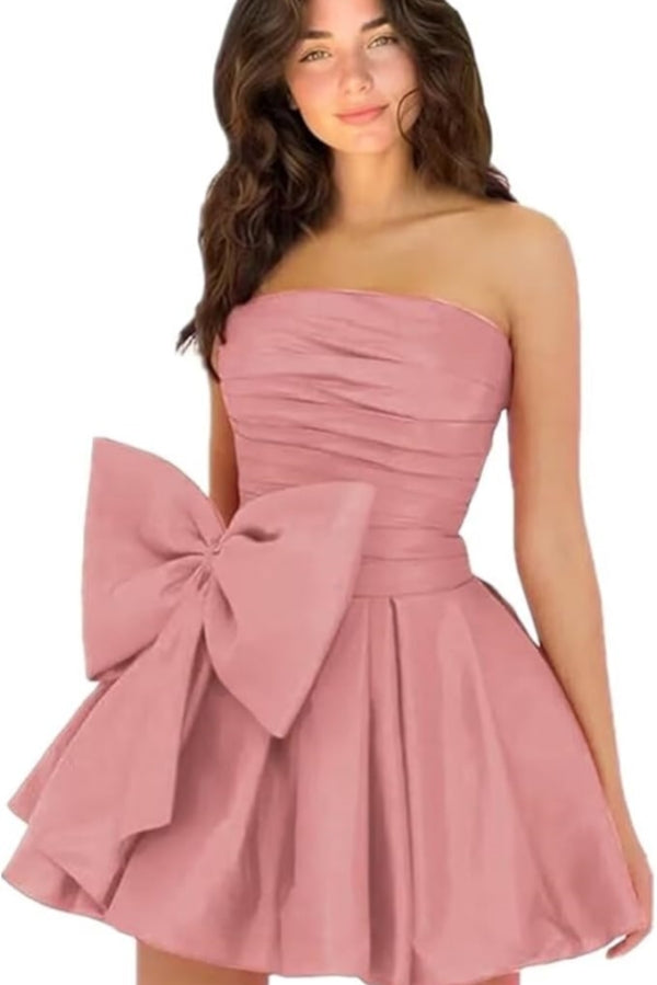 Simple Short A-line Strapless Sleeveless Ruffle Satin Homecoming Dress