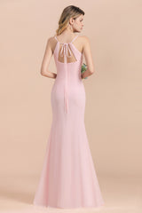 Pink V-neck A-Line Spaghetti Straps Chiffon Floor Length Bridesmaid Dress With Side Slit