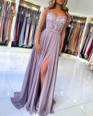 Long A-Line Sweetheart Floral Lace Chiffon Backless Prom Dress With Slit