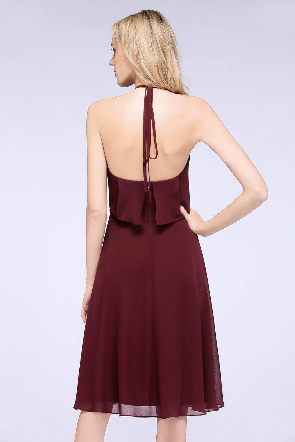 A-Line Chiffon Halter Sleeveless Knee-Length Bridesmaid Dress with Ruffles