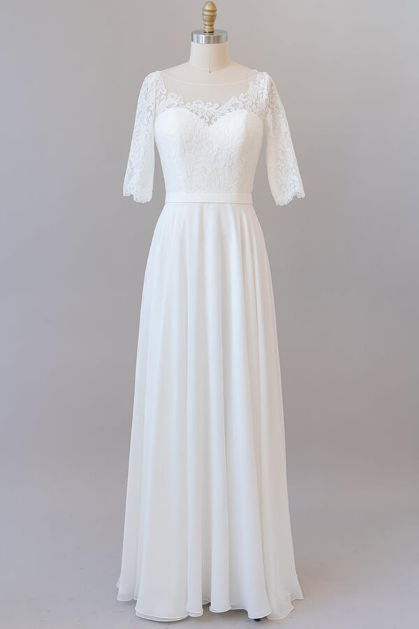 Elegant Long A-line Sweetheart Lace Chiffon Floor Length Wedding Dress