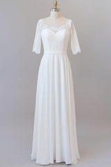 Elegant Long A-line Sweetheart Lace Chiffon Floor Length Wedding Dress