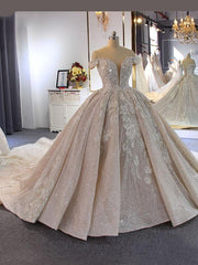 Luxury Beading Off the Shoulder Ball Gown Wedding Dresses With Train