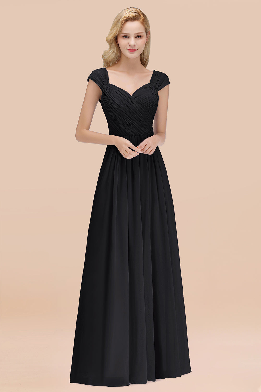 A-Line Chiffon Straps Sweetheart Sleeveless Floor Length Bridesmaid Dress with Ruffles