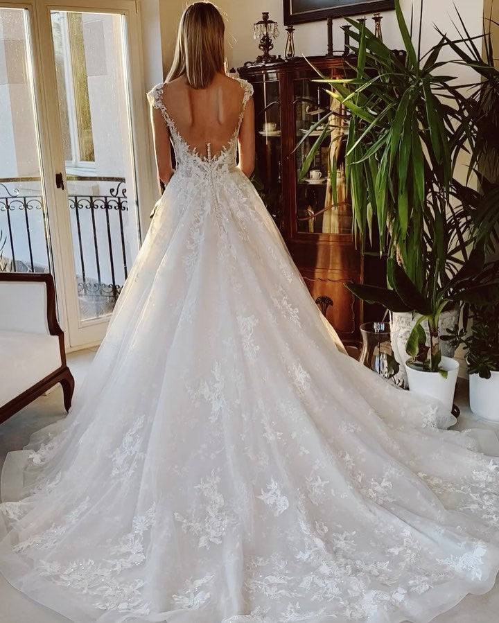 Classy Long Bateau A-line Appliques Lace Backless Church Train Wedding Dress