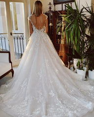 Classy Long Bateau A-line Appliques Lace Backless Church Train Wedding Dress