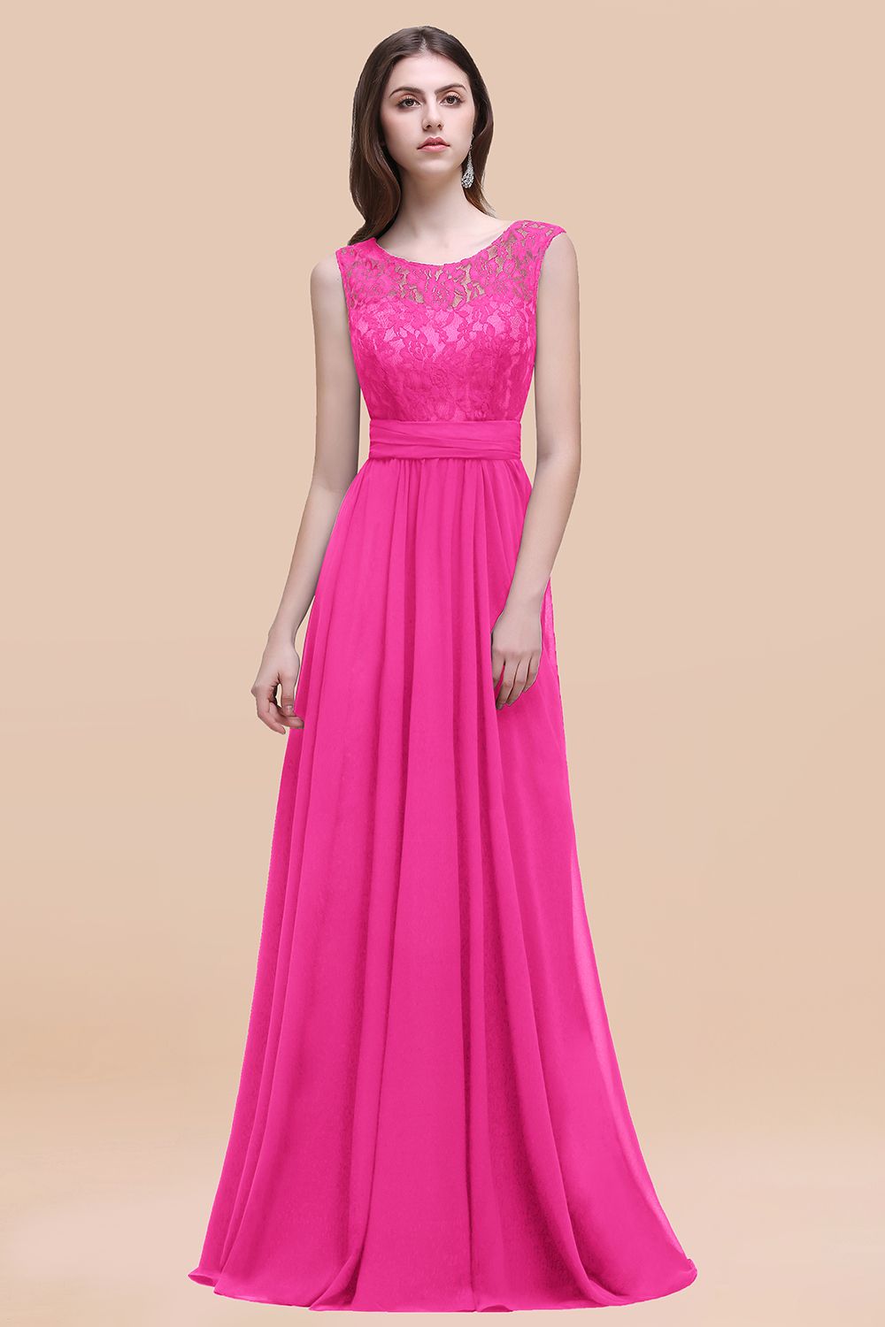 Elegant A-line Chiffon Lace Scoop Sleeveless Floor Length Bridesmaid Dress