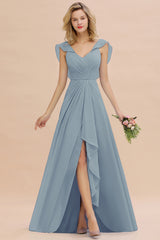 Simple High Low A-line V-Neck Ruffles Chiffon Dusty Blue Bridesmaid Dress