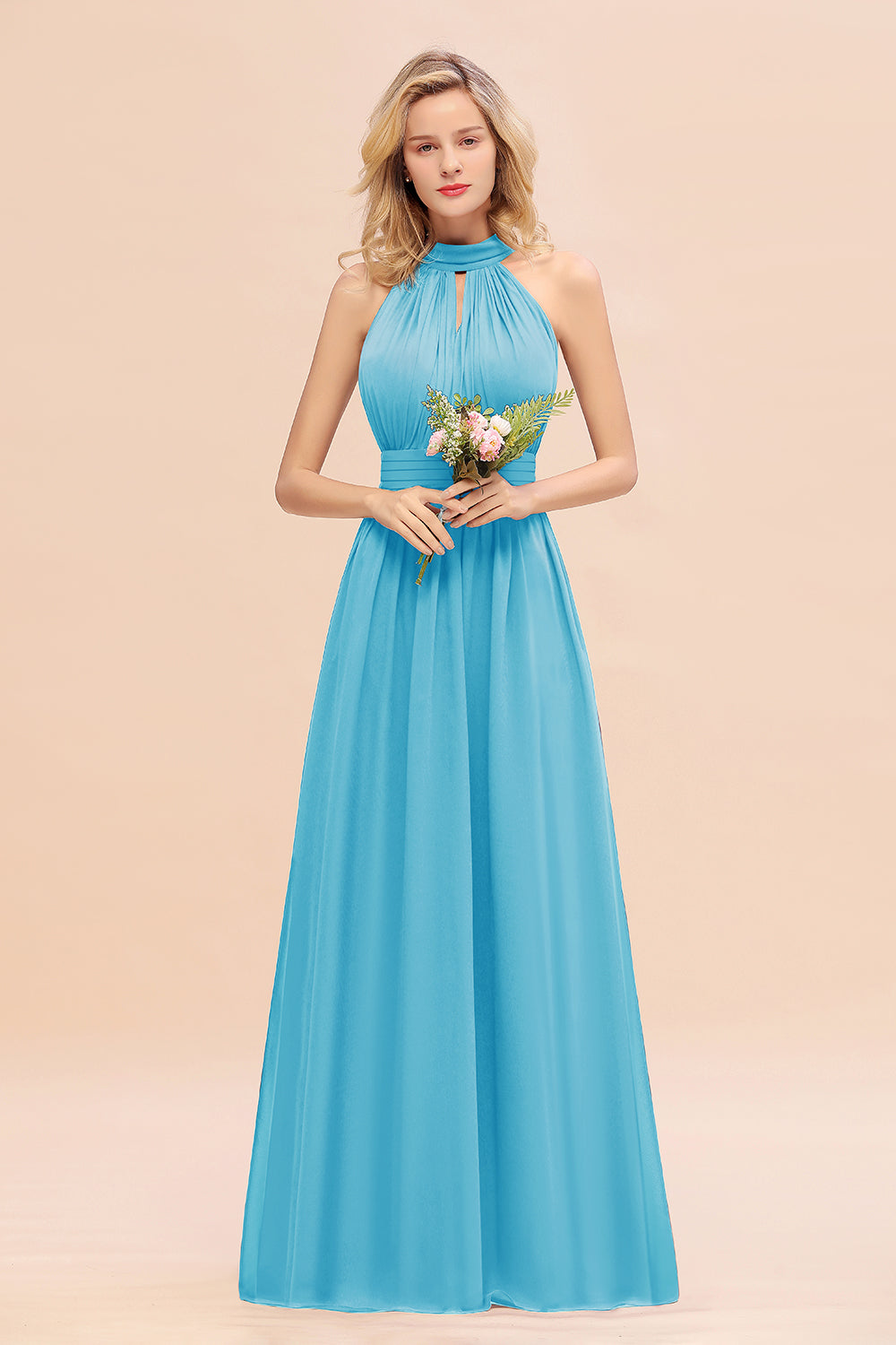Dusty Sage Long High Neck Chiffon Bridesmaid Dresses with Ruffle