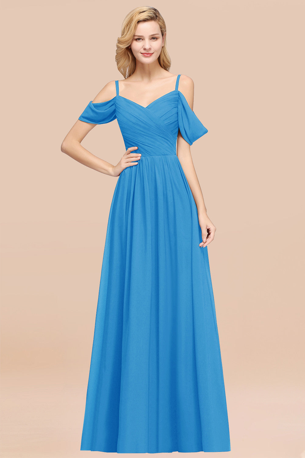 A-Line Chiffon V-Neck Spaghetti Straps Short Sleeves Floor Length Bridesmaid Dresses with Ruffles