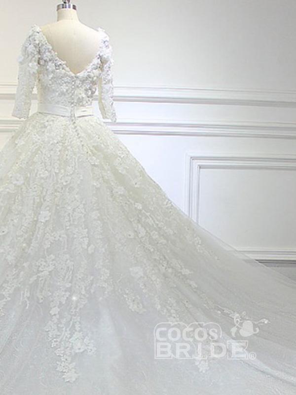 Luxury V Neck Half Sleeves Tulle Lace Ball Gown Wedding Dresses