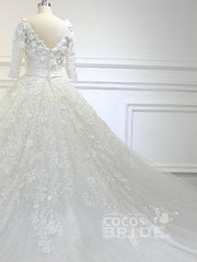 Luxury V Neck Half Sleeves Tulle Lace Ball Gown Wedding Dresses