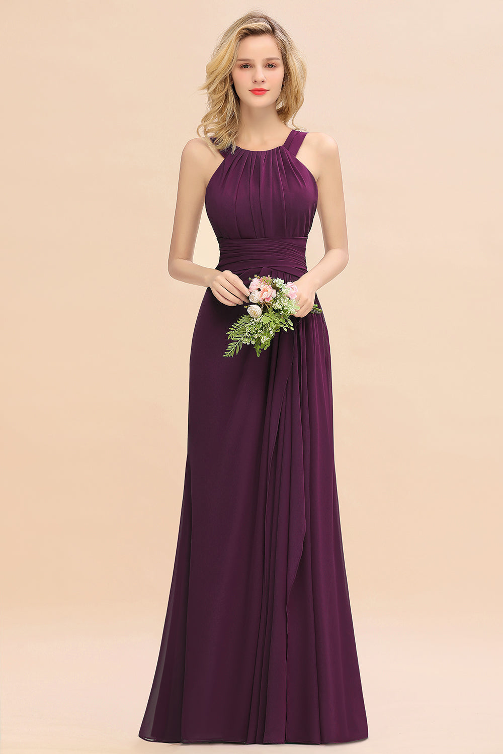 Long A-line Halter Chiffon Backless Floor Length Bridesmaid Dresses
