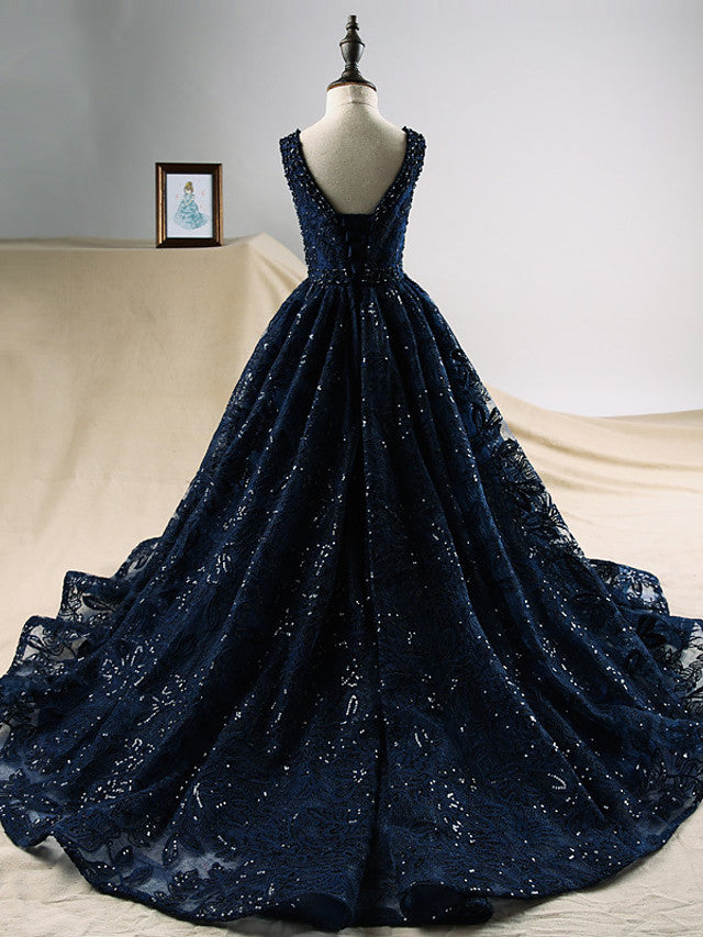Dark Navy Long A-line Sequin Engagement Party Flower Girl Dresses