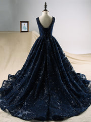 Dark Navy Long A-line Sequin Engagement Party Flower Girl Dresses