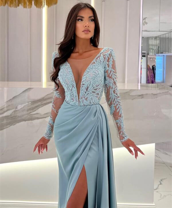 Mermaid V-Neck Long Sleeve Lace Satin Floor Length Prom Dress with Slit