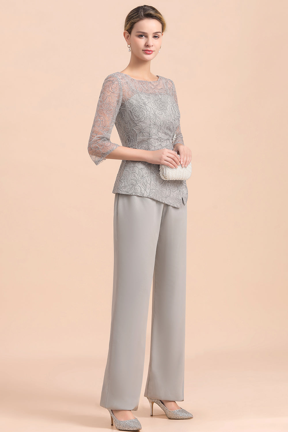 Elegant 3/4 Sleeves Lace Chiffon Jewl Mother of Bride Jumpsuit
