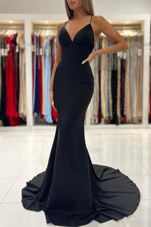 Sexy Black Long Spaghetti Straps V-neck Backless Mermaid Black Prom Dress
