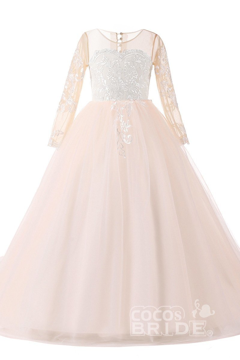 White Scoop Neck Long Sleeves Ball Gown Flower Girl Dress