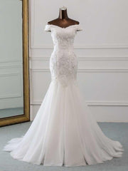 Long Off the Shoulder Flower Lace Mermaid Ruffles Wedding Dresses