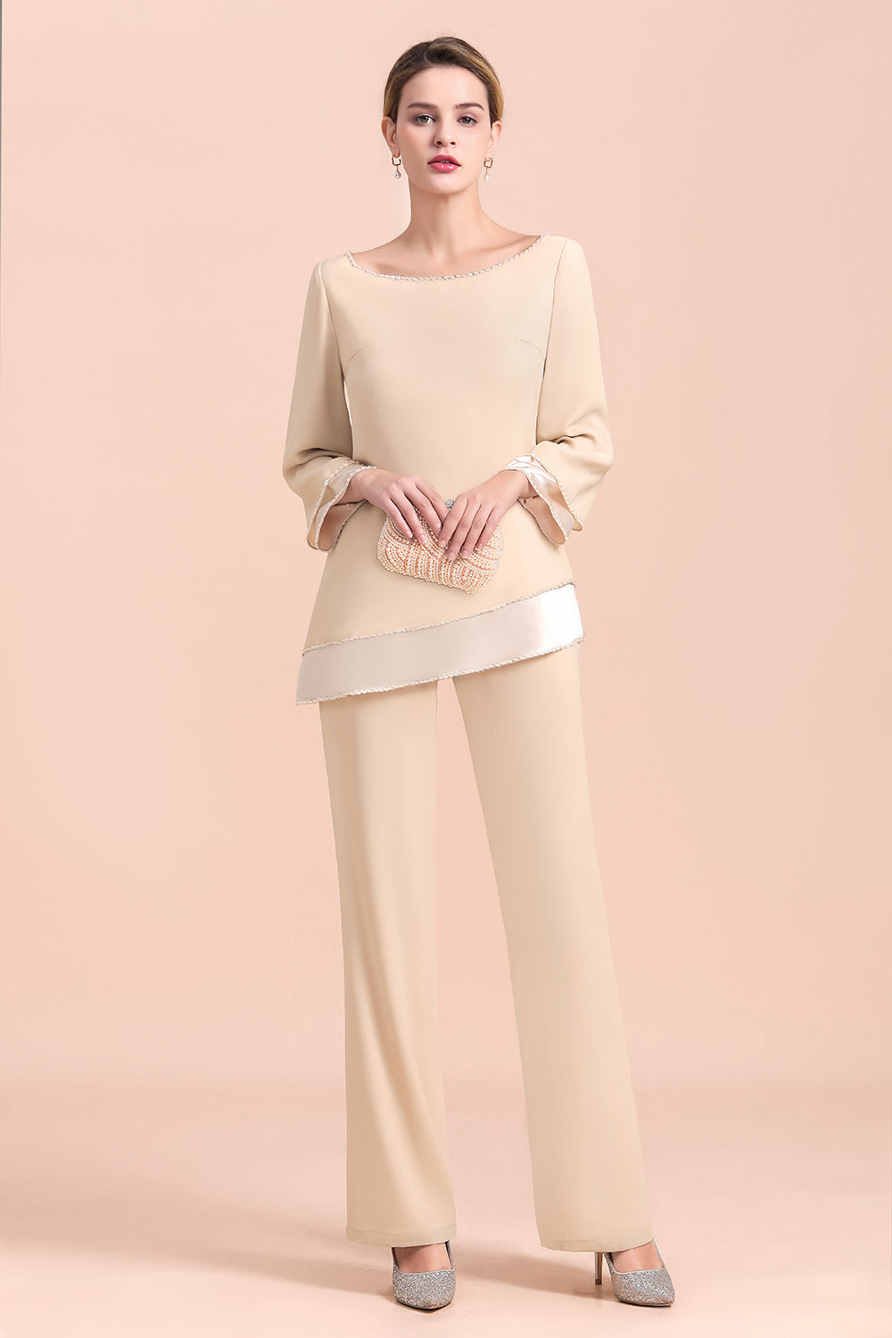 Chic Champagne Chiffon Long Sleeve Mother of Bride Jumpsuit