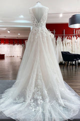 Modest Long A-line Deep V-neck Open Back Tulle Wedding Dress with Appliques Lace