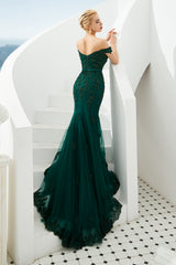 Elegant Dark Green Long Mermaid Off the Shoulder Tulle Lace Formal Evening Dresses