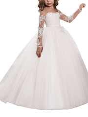 Long Ball Gown Tulle Lace Flower Girl Dresses with Sleeves