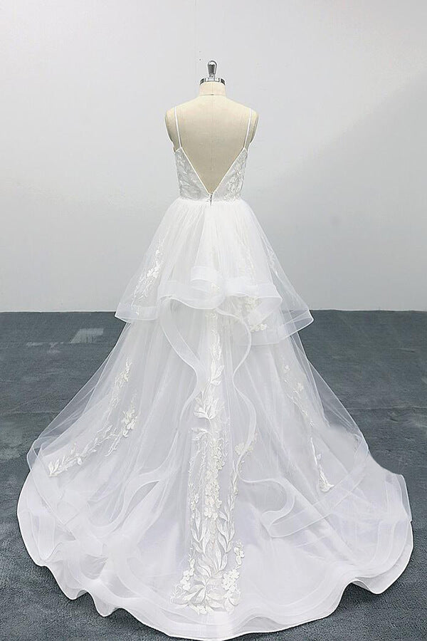 Long A-line Sweetheart Appliques Spaghetti Strap Tulle Backless Wedding Dress