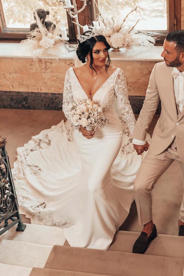 Long Mermaid V-neck Satin Lace Backless Wedding Dress with Sleeves