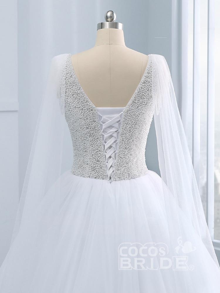 Beautiful Long A-line V-neck Tulle Beads Wedding Dresses with Sleeves