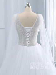 Beautiful Long A-line V-neck Tulle Beads Wedding Dresses with Sleeves