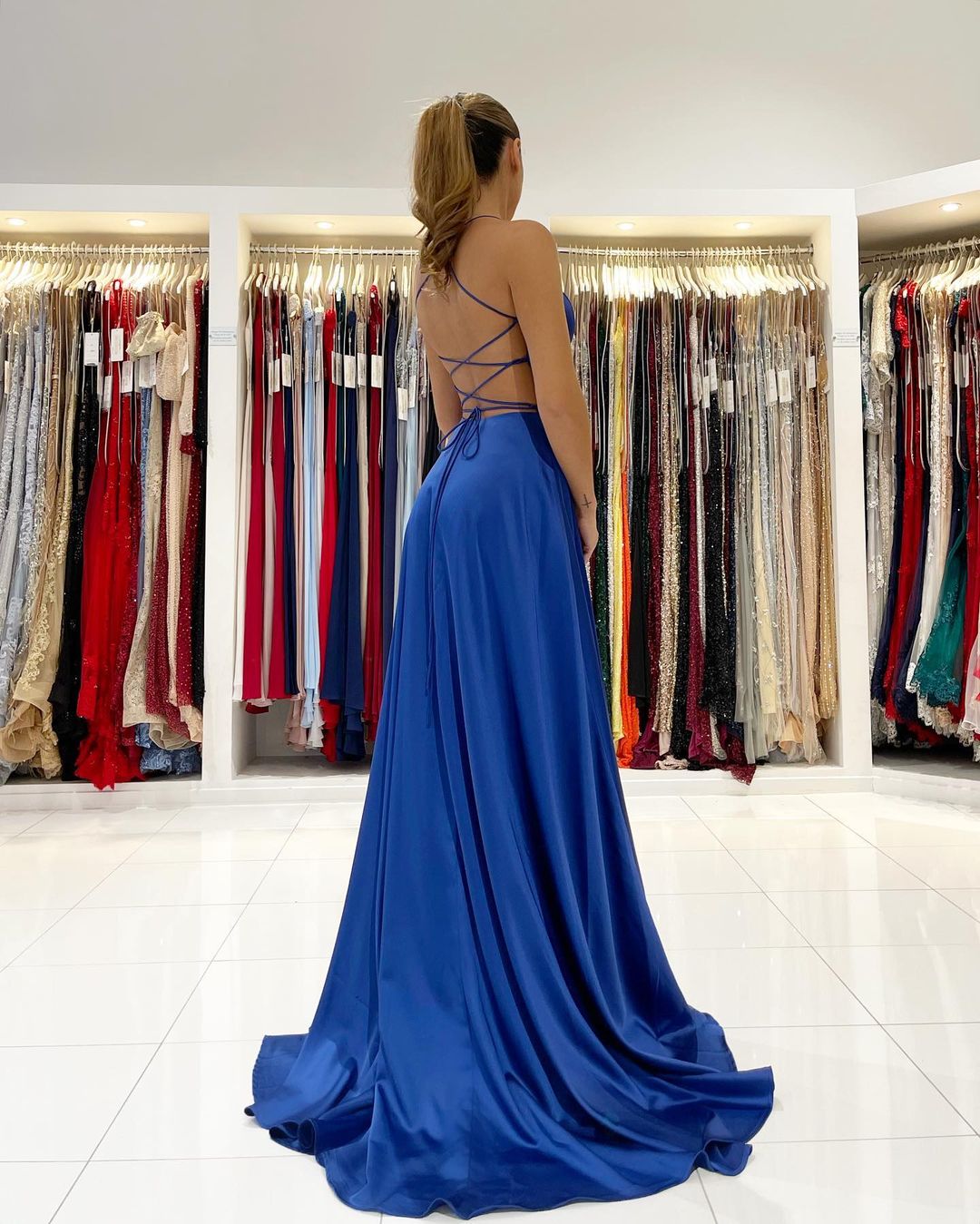 Simple Long A-line Spaghetti Straps V-neck Backless Ruffles Prom Dress with Slit
