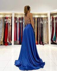 Simple Long A-line Spaghetti Straps V-neck Backless Ruffles Prom Dress with Slit