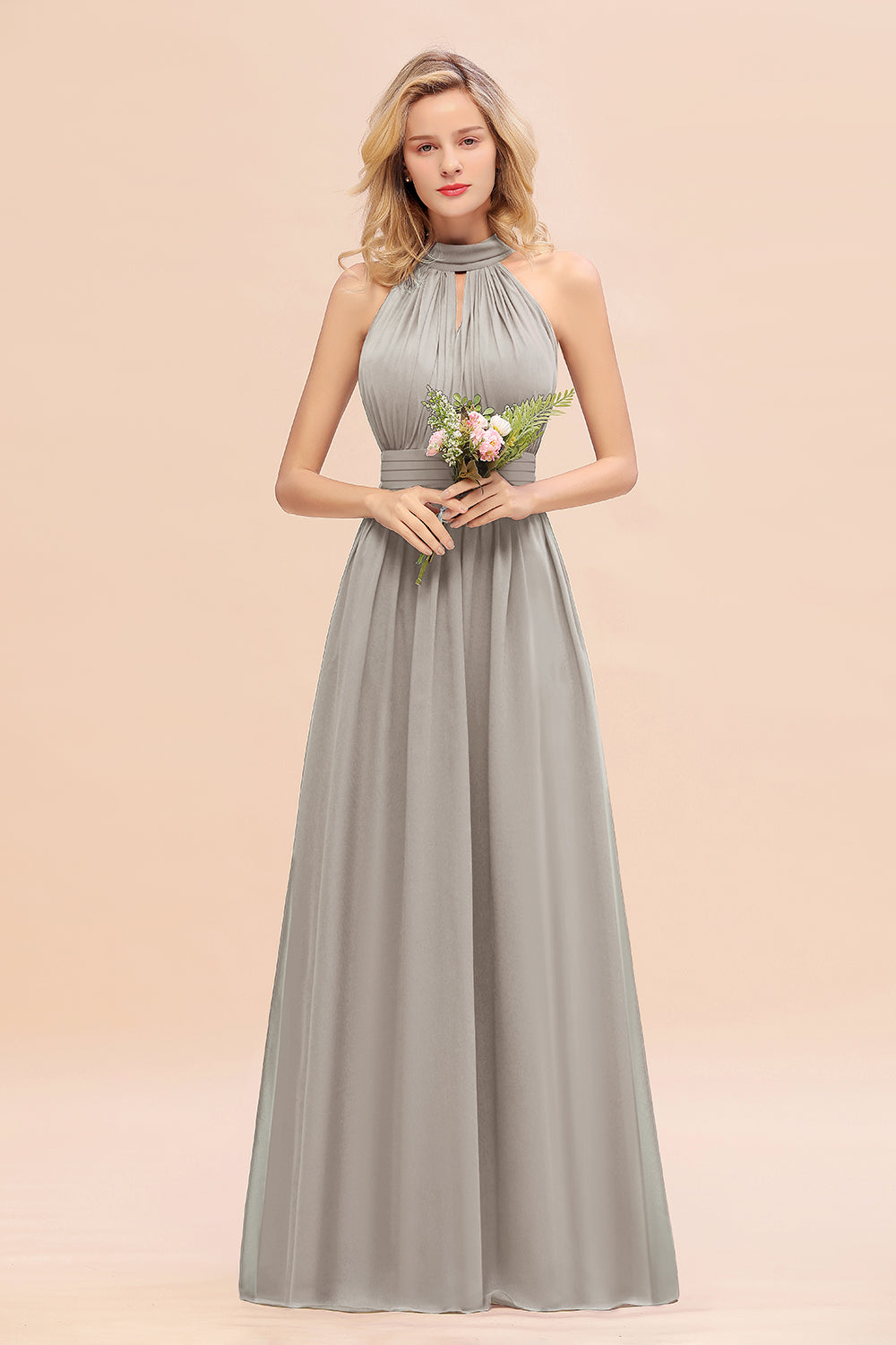 Dusty Sage Long High Neck Chiffon Bridesmaid Dresses with Ruffle