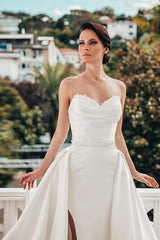 Long Mermaid Sweetheart Ruched Satin Side Split Wedding Dress with Sweep Train