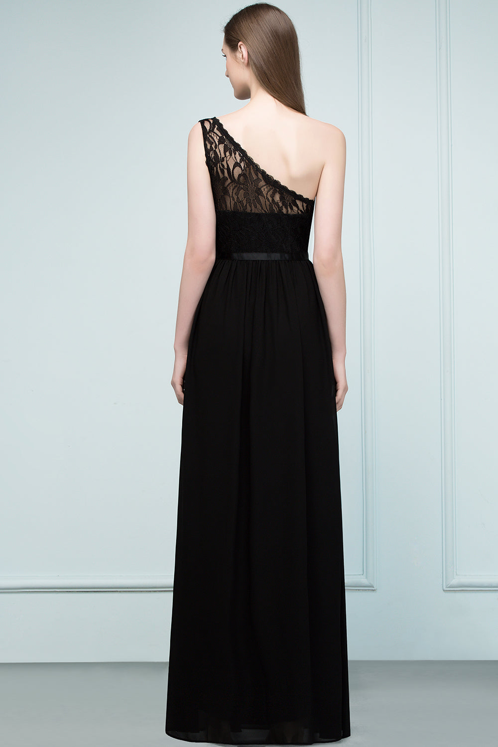 A-line Chiffon Lace One Shoulder Floor Length Bridesmaid Dress Floor Length with Sash