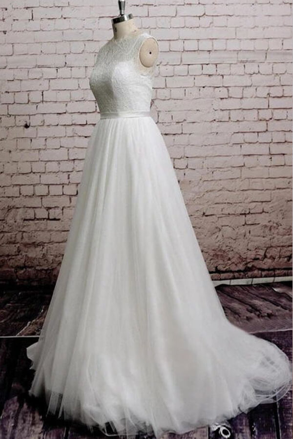 Long A-line Illusion Lace Tulle Chapel Train Backless Wedding Dress