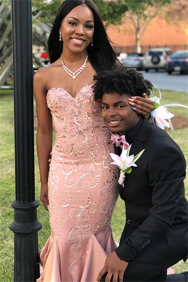 Long Strapless Appliques Lace Satin Mermaid Prom Dress